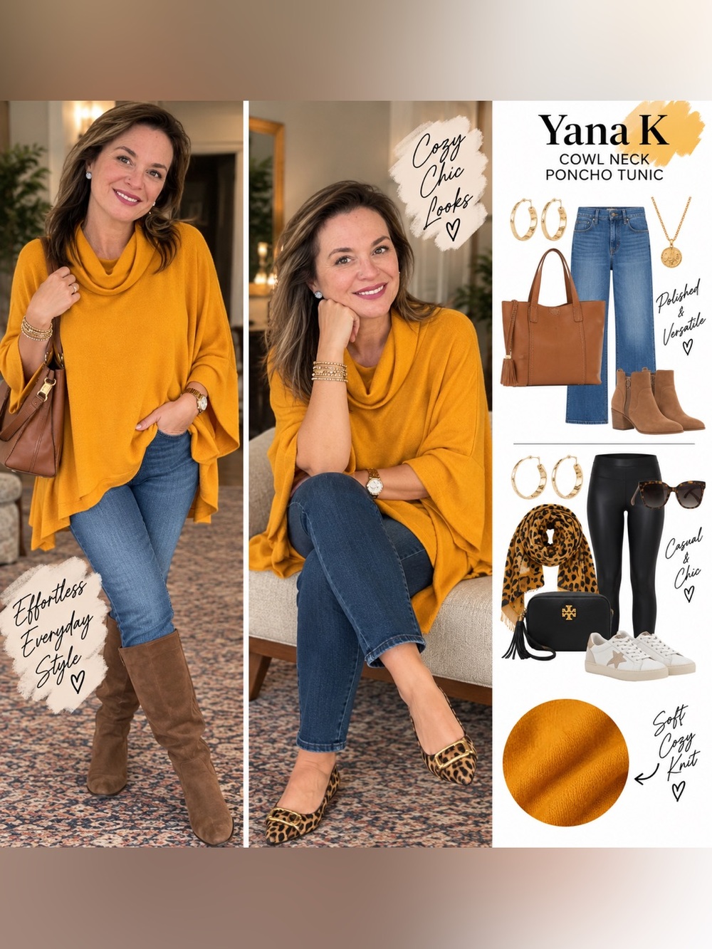 Yana K Mustard Gold Cowl Neck Oversized Poncho Tunic One Size